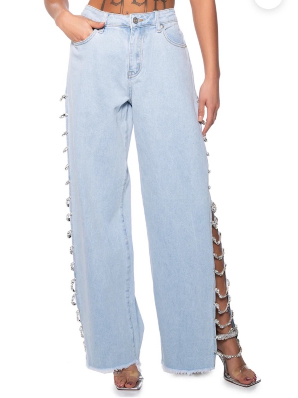 Akira Covered In Diamonds Light Blue Side-Jewelled Wide Leg Jeans
